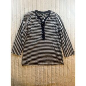 LAUREN Ralph Lauren Striped Lace-Up V Neck 3/4 Sleeve Top Navy‎ White